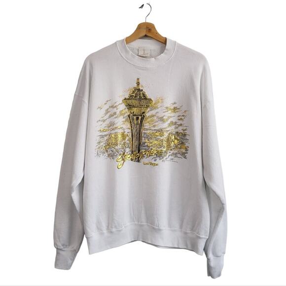 Vintage Las Vegas Stratosphere Metallic Gold Raised Print Slouchy Sweatshirt XL - Picture 1 of 11